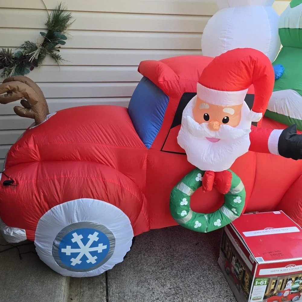 Gemmy Christmas 8 ft Tall Santa in Red Vintage Truck w/Tree Airblown Inflatable